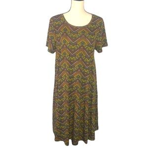 LuLaRoe Aztec Carly Green Yellow Tribal Stretch Swing Trapeze Dress Sz L